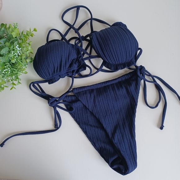 Navy Blue Ribbed String Bikini NEW - Picture 3 of 9